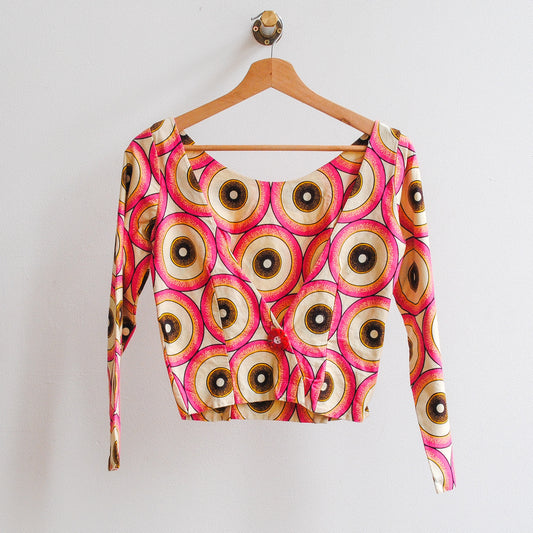jaren 70 crop top vintage blouse in roze wit met lange mouwen
