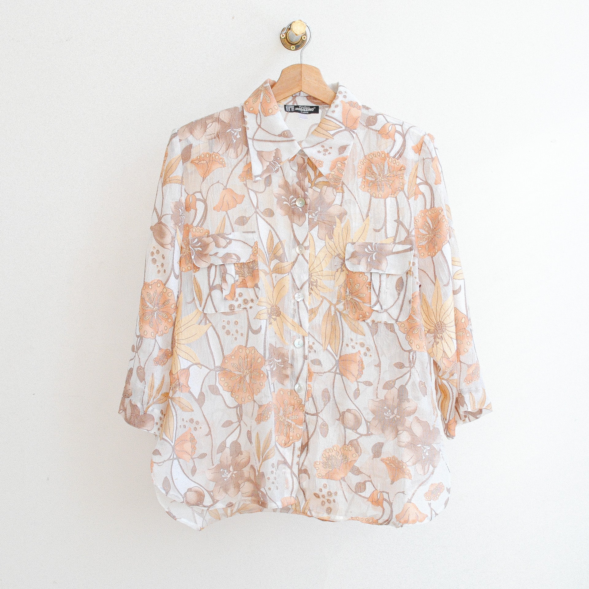 white vintage modissimo see-through vintage blouse with beige and orange flowers which is made in france