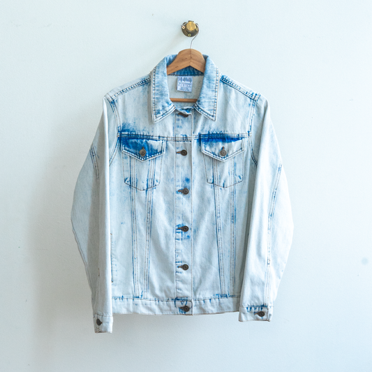 front of vintage def leppard light blue jeans jacket from the Pyromania 83 Tour