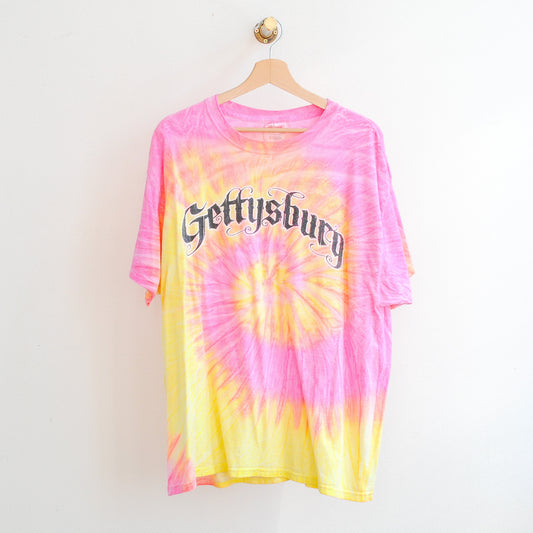 pink and yellow tie dye tshirt with gettysburg in black letters