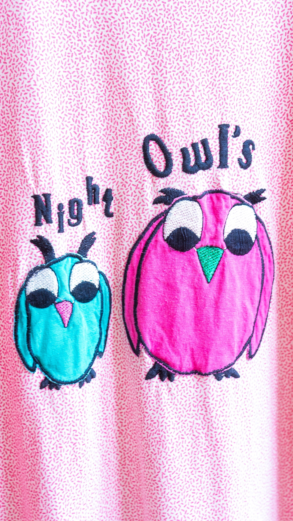Two cartoon owls on pink 80s nightgown or t-shirt dress with 'Night Owl' text.