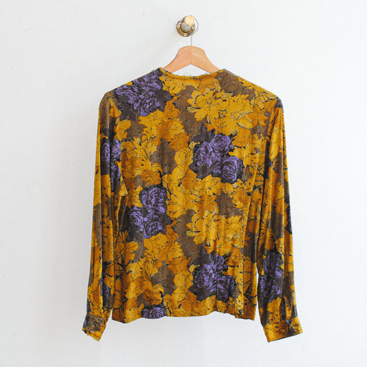 chique vintage blouse achterkant in mosterdgeel zwart en paars