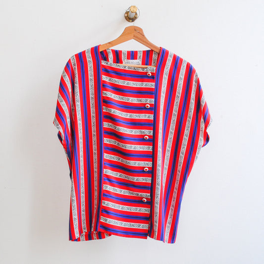 vintage blouse in blauw rood wit met knopen jaren 60 stijl