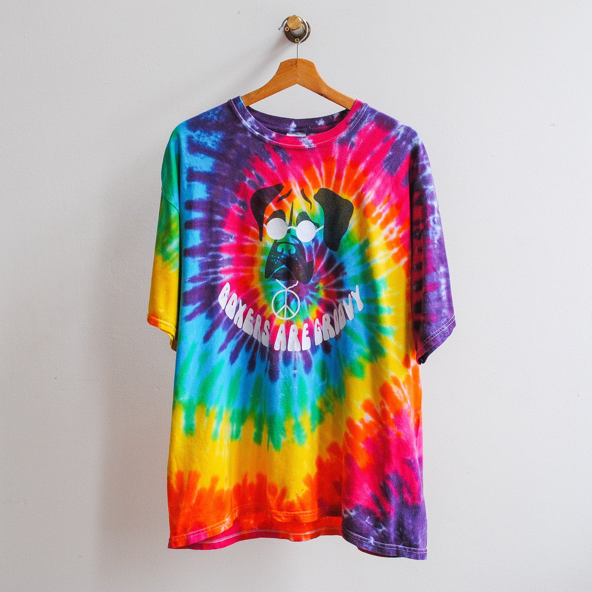boxers are groovy tie dye tshirt in purple orange yellow green blue fresh vintage
