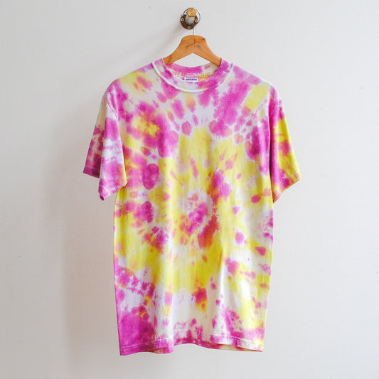 rave tie dye tshirt in purple yellow white colors