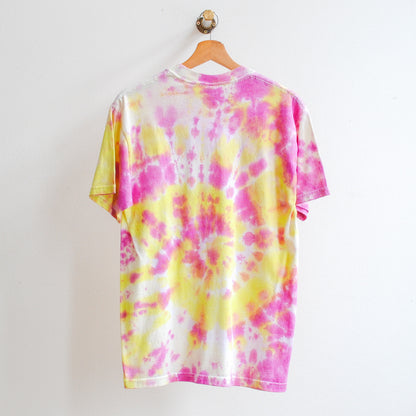 rave tie dye tshirt in purple yellow white colors